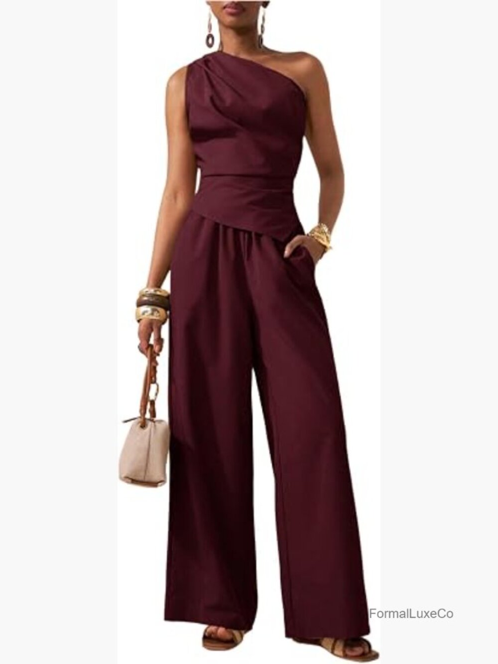 One Shoulder Ruched Top and Wide Leg Pants Matching Set - Picture 1 of 5